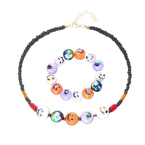 IMINI Spooky Halloween Charm Set - Verstellbare Holzperlen Choker Halskette mit passendem Armband, Blutiger Handabdruck Fledermaus Böser Blick Kürbis Gothic Schmuck für Fasching Party Zubehör, M, Holz von IMINI
