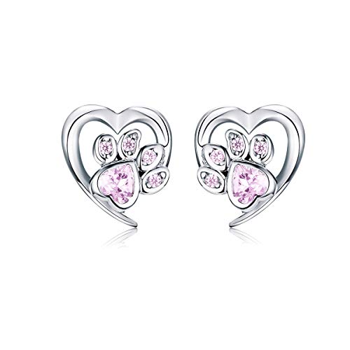 Nette Welpe Hund Katze Pfote Print Ohrstecker S925 Sterling Silber Schöne Rosa Kristallklare CZ Endless Love Herz Ohrstecker Hypoallergene Schmuck Geschenke für Haustierliebhaber Mädchen Frauen von IMINI