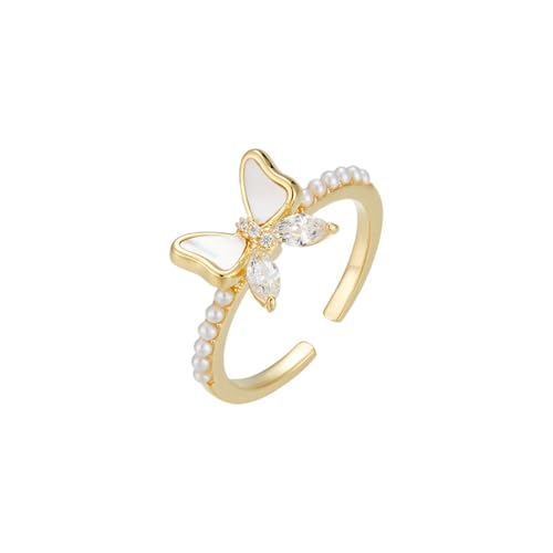 IMINI Zarter Schmetterlings Ring für Damen 14 Karat Vergoldet Zirkonia Perlen Statement Ring Offener Finger Ring Verlobungs Ring Verstellbare Eheringe von IMINI