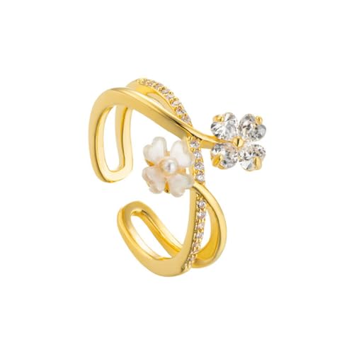 IMINI Zierlicher Blume Ring für Damen Mädchen Funkelnder Zirkonia Gänseblümchen Offene Statement Ringe Perlen Chic Verlobungsversprechen Ring Wickel Fingerband 14 Karat Vergoldet (Kleeblatt) von IMINI