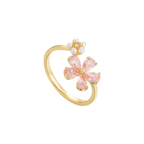 IMINI Zierlicher Blume Ring für Damen Mädchen Funkelnder Zirkonia Gänseblümchen Offene Statement Ringe Perlen Chic Verlobungsversprechen Ring Wickel Fingerband 14 Karat Vergoldet (Rosa) von IMINI