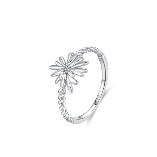 IMINI Zierlicher Gänseblümchen Ring Sterling Silber für Damen Mädchen Minimalistischer Sonnenblumen Blumen Statement Ring Verlobungsring Fingerband (6) von IMINI