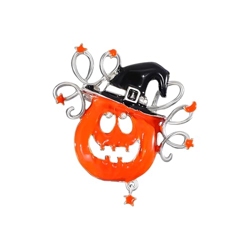 Kürbis-Hexenhut-Brosche für Damen und Herren – Orange Schwarz Emaille Legierung Anstecknadel Halloween Festlich Party Zubehör Schmuck Geschenk – Lustiges abstraktes Design mit Stern Halbmond von IMINI