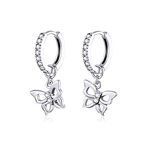 Niedliche CZ-Schmetterling-Creolen für Damen, Teenager, Mädchen, S925er-Sterlingsilber mit Charms, Huggie-Creolen, Kristall-Tropfen, filigraner Schmuck, filigraner Schmuck, zart, modisch, zierliches von IMINI