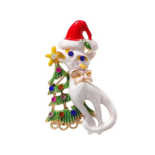 Niedliche Katze Weihnachtsbaum Brosche Emaille Weihnachtsmannmütze Katze Schmuck mit CZ Kristallen Tier Kätzchen Festliche Anstecknadel für Frauen Mädchen Xmas Zubehör Geschenk von IMINI