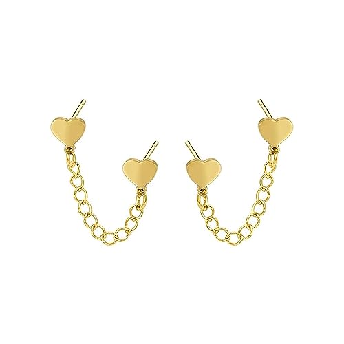 Niedliches Herz Liebe Doppel Piercing Huggie Stud mit kurzer Kette Edelstahl Ohrringe für Frauen Mädchen Knorpel Zwei Löcher Mode Chic Minimalistisch Climber Crawler Einfädler Baumeln Tropfen von IMINI