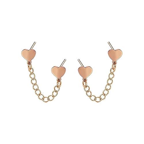 Niedliches Herz Liebe Doppel Piercing Huggie Stud mit kurzer Kette Edelstahl Ohrringe für Frauen Mädchen Knorpel Zwei Löcher Mode Chic Minimalistisch Climber Crawler Einfädler Baumeln Tropfen von IMINI