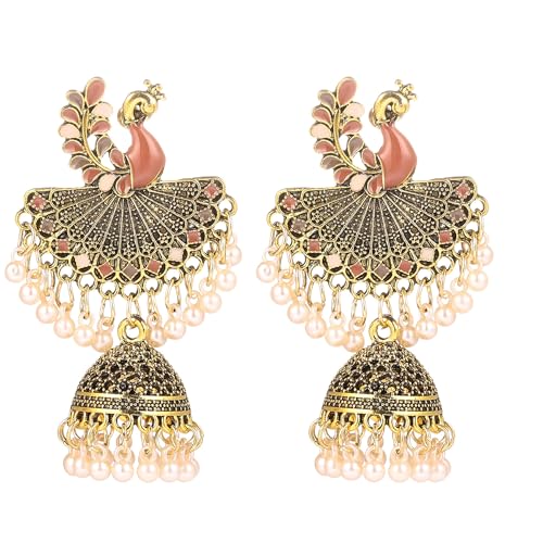 Perle Jhumka Bell Perlen Pfau Indianer Ohrstecker groß baumelnde Ohrringe für Frauen Mädchen Mode Bohemian Vintage Tier Ohrstecker übertreiben Einzigartig baumeln traditioneller Schmuck Party von IMINI