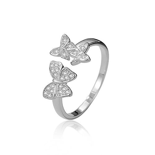 Schmetterling Ring für Damen 925 Sterling Silber Zirkonia Offener Ringe Verstellbarer Ring Verlobungsring Stapelbare Ring (Silber) von IMINI