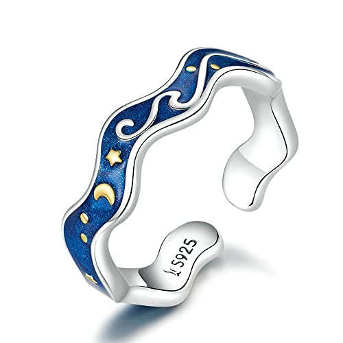 Sternenhimmel Mond Stern Offener Statement Ring S925 Sterling Silber Blau Universum Wellen Verstellbar Stapeln Ring Verlobung Ehe Ringe Finger Band für Frauen Mädchen von IMINI