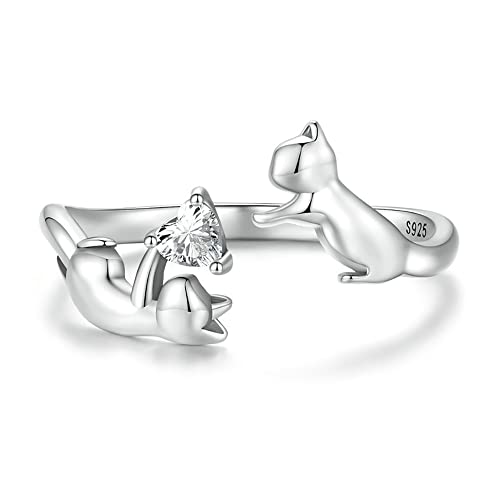 IMINI Süße Katze mit Liebe Herz Offener Statement Ring 925 Sterling Silber CZ Kristall Paare Haustier Katzen Versprechen Verlobungsringe Stapelbare Fingerband für Frauen Mädchen von IMINI
