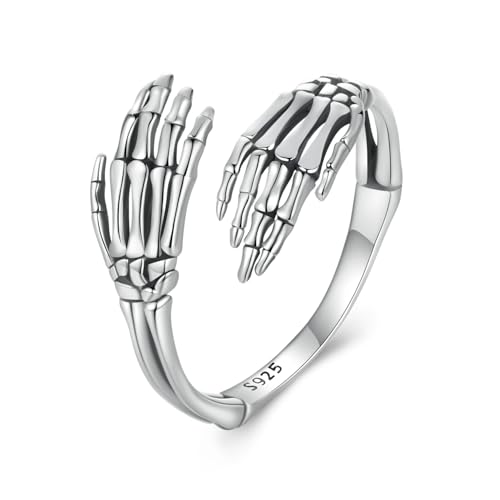 Vintage Skelett Hand Ring 925 Sterling Silber Cooler Totenkopf Handwickel Fingerband Offener Statement Ring für Damen Herren Halloween Kostüm Cosplay Party von IMINI