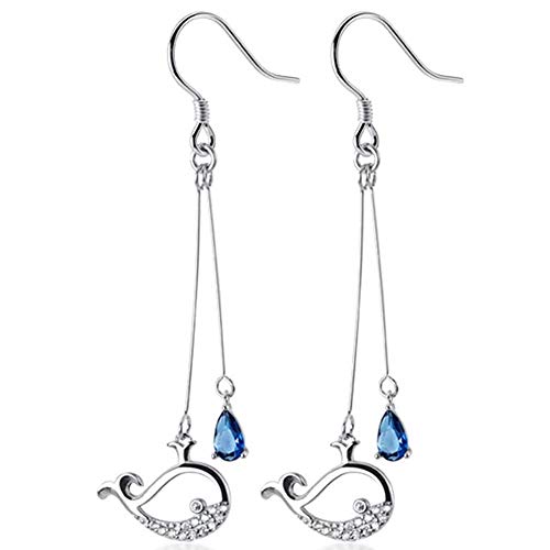 Wal baumelnde Haken-Ohrringe, S925er-Sterlingsilber, blauer Kristall, Wassertropfen-Charm, Zirkonia, niedlicher Fisch, baumelnder Einfädler, Modeschmuck für Frauen und Mädchen, BFF, Weißgold von IMINI