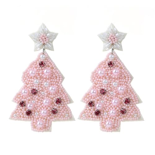Weihnachts Baum Ohrstecker für Damen Bunte Strass Ohrringe Baumelnde Ohrringe Perlenstern Ohrringe Handgefertigte Perlenohrringe Stoff Piercing Ohrstecker Mode Schmuck (Rosa) von IMINI