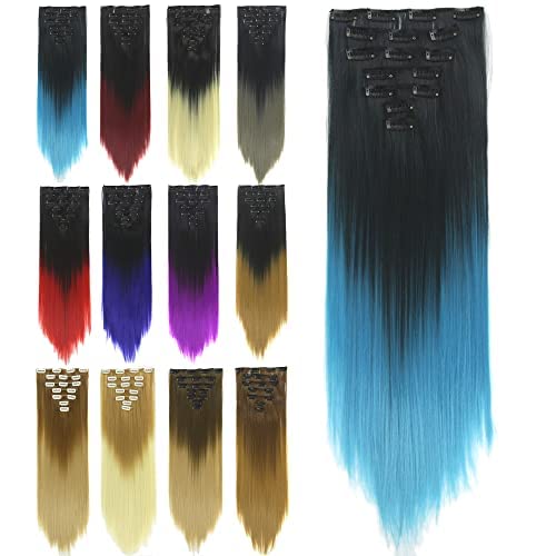 IMISSU 7 STÜCKE Set Lange Gerade Clip in Haarverlängerungen Ombre Farbe Vollkopf Haarverlängerung Haarteil für Frauen 120g (Ombre Himmelblau) von IMISSU