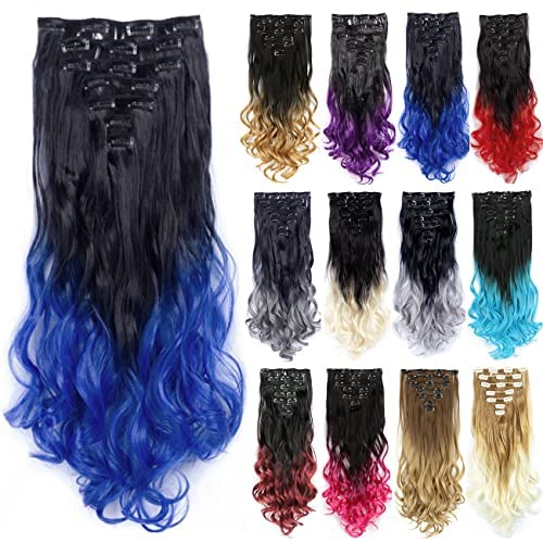 IMISSU 7 STÜCKE Set Lange Lockige Clip in Haarverlängerung Ombre Farbe Vollkopf Haarverlängerungen Haarteil für Mädchen (Ombre Blau) von IMISSU