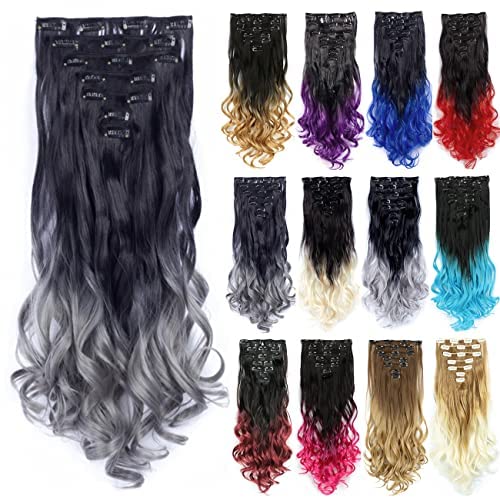IMISSU 7 STÜCKE Set Lange Lockige Clip in Haarverlängerung Ombre Farbe Vollkopf Haarverlängerungen Haarteil für Mädchen (Ombre Dunkelgrau) von IMISSU