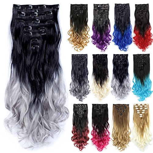 IMISSU 7 STÜCKE Set Lange Lockige Clip in Haarverlängerung Ombre Farbe Vollkopf Haarverlängerungen Haarteil für Mädchen (Ombre Grau) von IMISSU