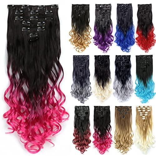 IMISSU 7 STÜCKE Set Lange Lockige Clip in Haarverlängerung Ombre Farbe Vollkopf Haarverlängerungen Haarteil für Frauen (Ombre Rosa) von IMISSU