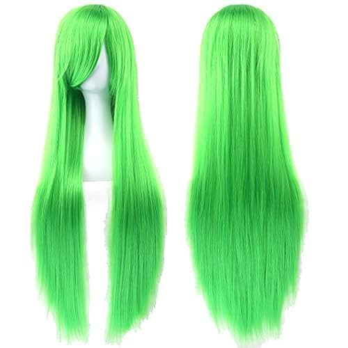 IMISSU 80 cm langes glattes Naturhaar Cosplay Perücken mit Pony Bunt Halloween Kostüm Party Perücke Haarverlängerungen (Apfelgrün) von IMISSU