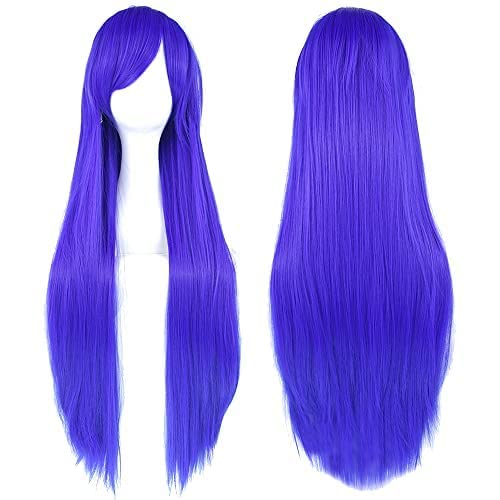 IMISSU 80 cm langes glattes Naturhaar Cosplay Perücken mit Pony Bunt Halloween Kostüm Party Perücke Haarverlängerungen (Blau) von IMISSU