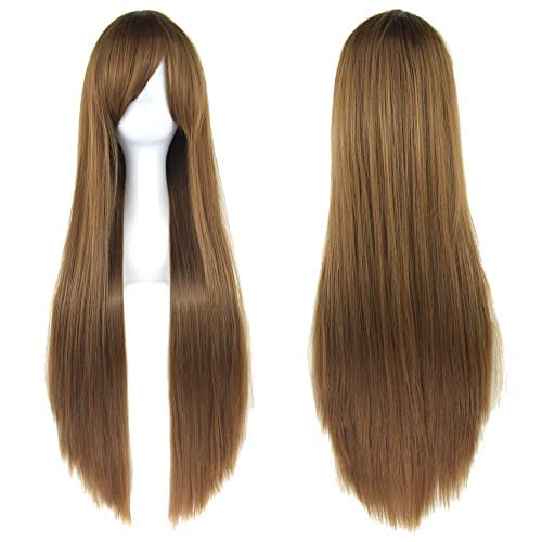 IMISSU 80 cm langes glattes Naturhaar Cosplay Perücken mit Pony Bunt Halloween Kostüm Party Perücke Haarverlängerungen (Braun) von IMISSU