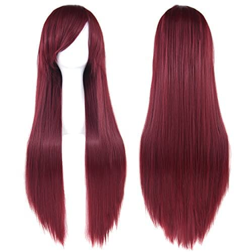 IMISSU 80 cm langes glattes Naturhaar Cosplay Perücken mit Pony Bunt Halloween Kostüm Party Perücke Haarverlängerungen (Burgund) von IMISSU