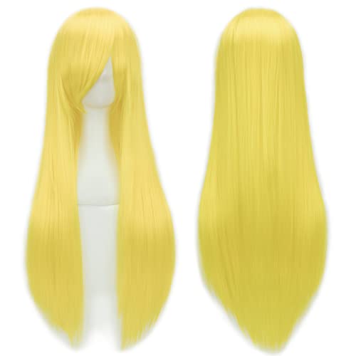 IMISSU 80 cm langes glattes Naturhaar Cosplay Perücken mit Pony Bunt Halloween Kostüm Party Perücke Haarverlängerungen (Fluoreszierend Gelb) von IMISSU