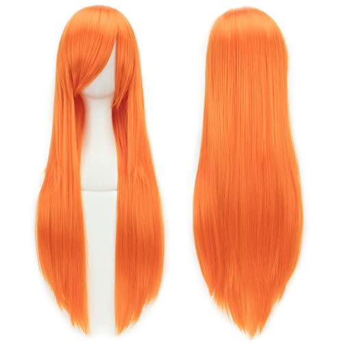 IMISSU 80 cm langes glattes Naturhaar Cosplay Perücken mit Pony Bunt Halloween Kostüm Party Perücke Haarverlängerungen (Fluoreszierend Orange) von IMISSU