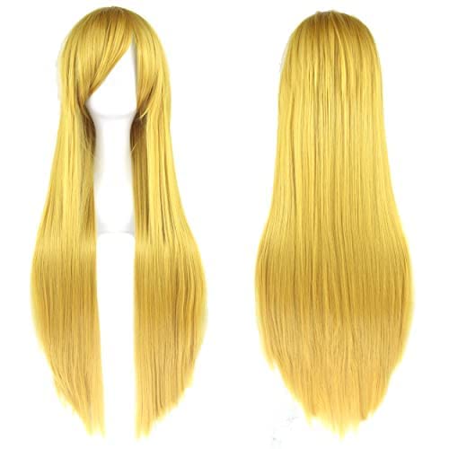 IMISSU 80 cm langes glattes Naturhaar Cosplay Perücken mit Pony Bunt Halloween Kostüm Party Perücke Haarverlängerungen (Gelb) von IMISSU