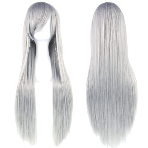 IMISSU 80 cm langes glattes Naturhaar Cosplay Perücken mit Pony Bunt Halloween Kostüm Party Perücke Haarverlängerungen (Grau) von IMISSU