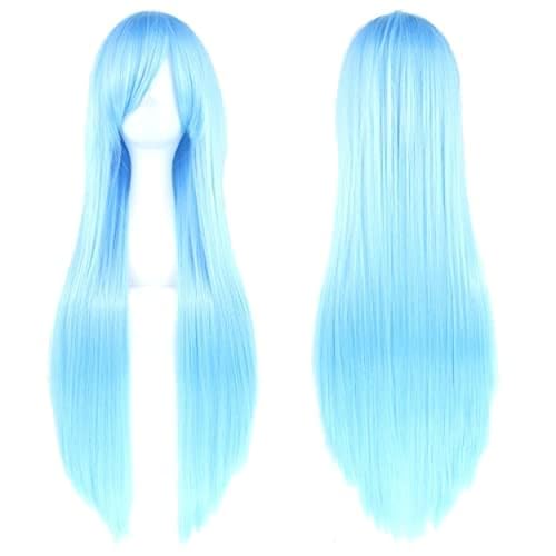 IMISSU 80 cm langes glattes Naturhaar Cosplay Perücken mit Pony Bunt Halloween Kostüm Party Perücke Haarverlängerungen (Himmelblau) von IMISSU