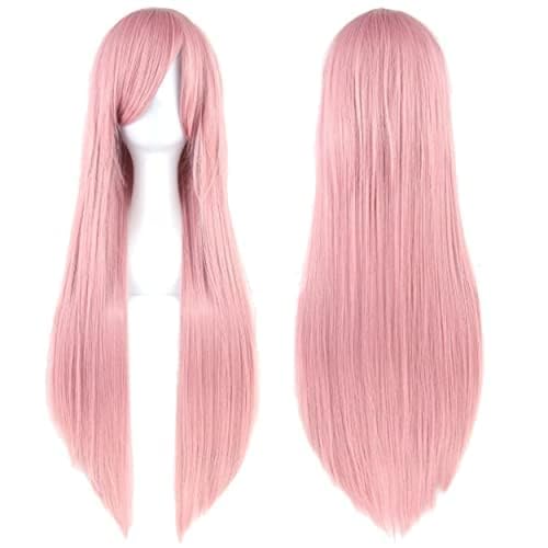 IMISSU 80 cm langes glattes Naturhaar Cosplay Perücken mit Pony Bunt Halloween Kostüm Party Perücke Haarverlängerungen (Pink) von IMISSU