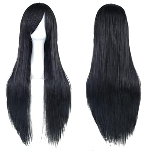 IMISSU 80 cm langes glattes Naturhaar Cosplay Perücken mit Pony Bunt Halloween Kostüm Party Perücke Haarverlängerungen (Schwarz) von IMISSU