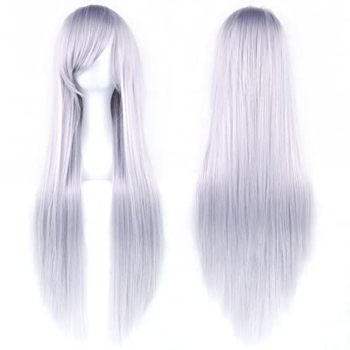 IMISSU 80 cm langes glattes Naturhaar Cosplay Perücken mit Pony Bunt Halloween Kostüm Party Perücke Haarverlängerungen (Silber Grau) von IMISSU