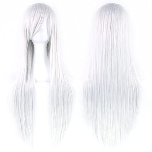 IMISSU 80 cm langes glattes Naturhaar Cosplay Perücken mit Pony Bunt Halloween Kostüm Party Perücke Haarverlängerungen (Silber Weiss) von IMISSU