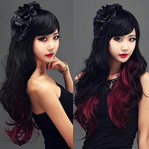 IMISSU Langes lockiges Naturhaar Cosplay Perücke mit buntem Pony Halloween Kostüm Party Perücken für Frauen (Schwarz Rot) von IMISSU