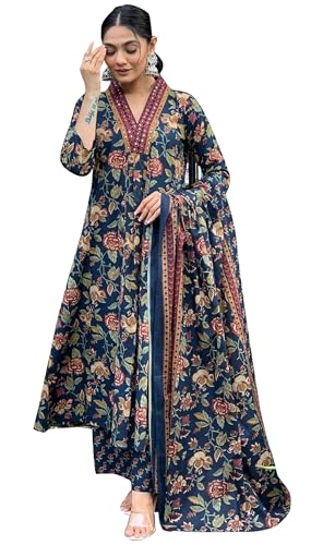IMTRA FASHION Baumwoll Kurta Und Hosen-Set Für Damen Mit Blumenmuster Kurti Palazzo Mit Dupatta (Blau-3X-Groß) von IMTRA FASHION