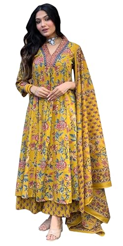 IMTRA FASHION Baumwoll Kurta Und Hosen-Set Für Damen Mit Blumenmuster Kurti Palazzo Mit Dupatta (Gelb-Medium) von IMTRA FASHION