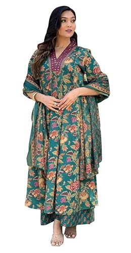 IMTRA FASHION Baumwoll Kurta Und Hosen-Set Für Damen Mit Blumenmuster Kurti Palazzo Mit Dupatta (Grün-Groß) von IMTRA FASHION