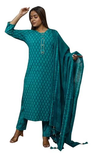 IMTRA FASHION Bedrucktes Kurta-Hosen-Set Für Damen Indischer Anzug Aus Reiner Baumwolle Mit Dupatta (Blaugrün-3X-Large) von IMTRA FASHION