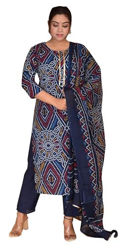 IMTRA FASHION Bedrucktes Kurta-Hosen-Set Indischer Anzug Aus Reiner Baumwolle Mit Dupatta Für Damen (Blau-3X-Large) von IMTRA FASHION