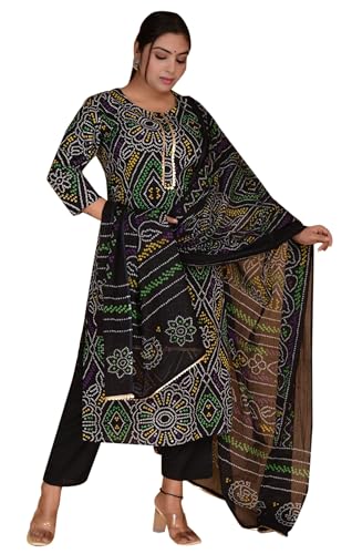 IMTRA FASHION Bedrucktes Kurta-Hosen-Set Indischer Anzug Aus Reiner Baumwolle Mit Dupatta Für Damen (Schwarz-3X-Large) von IMTRA FASHION