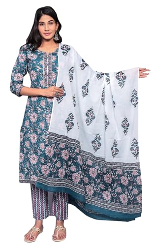 IMTRA FASHION Damen-Indischer Baumwollanzug Mit Dupatta Geblümtes Kurta-Hosenset (Blaugrün-3X-Large) von IMTRA FASHION