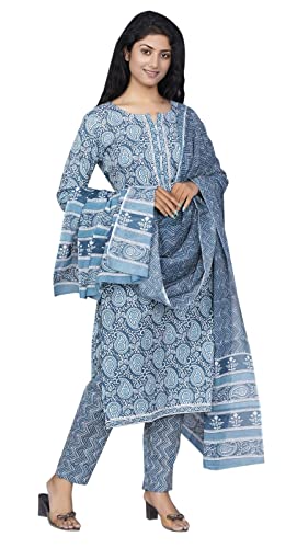 IMTRA FASHION Damen Reine Baumwolle Bedruckte Gerade Tunika Kurta Hose & Dupatta Set (Blau-4-X-Groß) von IMTRA FASHION