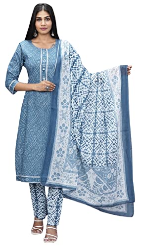 IMTRA FASHION Damen Reine Baumwolle Bedruckte Gerade Tunika Kurta Hose & Dupatta Set (Blau-X-Groß) von IMTRA FASHION