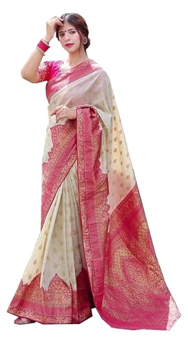 IMTRA FASHION Damen Saree Im Kanjivaram Stil Cremefarbener Indischer Banarasi Jacquard Sari Mit Ungenähtem Blusenteil von IMTRA FASHION