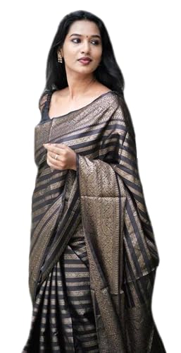 IMTRA FASHION Damen Sari Im Kanjivaram Stil Indischer Banarasi Jacquard Schwarzer Sari Mit Ungenähtem Blusenteil von IMTRA FASHION