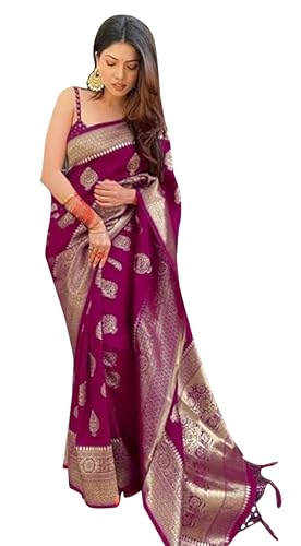 IMTRA FASHION Damen Sari Im Kanjivaram Stil Indischer Lila Banarasi Jacquard Saree Mit Ungenähtem Blusenteil von IMTRA FASHION