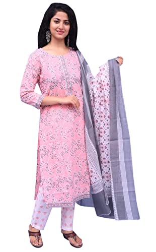 IMTRA FASHION Damen Straight Kurta, Hose Und Dupatta Set 100% Reines Baumwollkleid (Rosa-Groß) von IMTRA FASHION